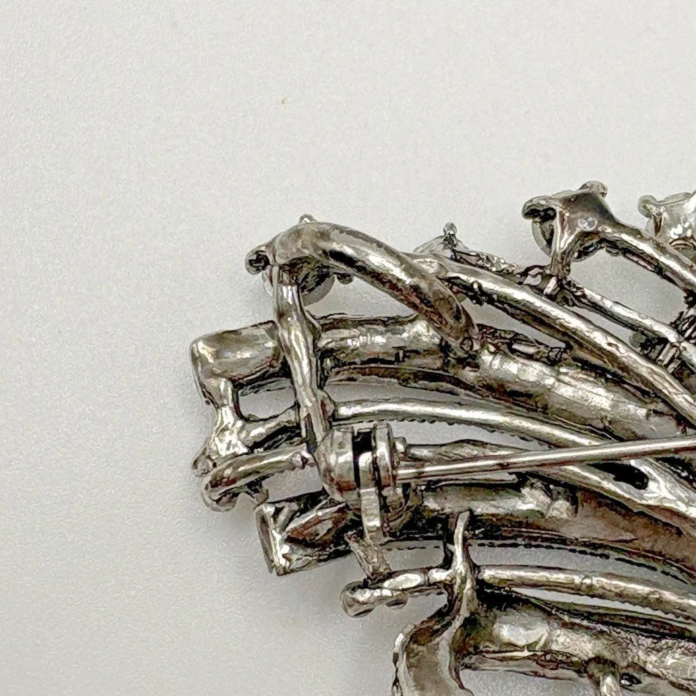 Vintage AB Brooch Silver Tone Oxidized Bow Ribbon Large Retro Pin Pendant